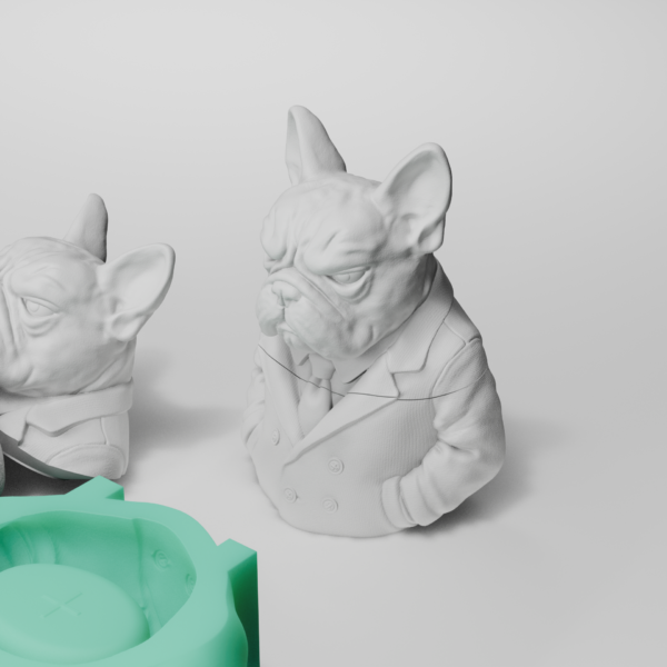 Biały model buldoga francuskiego oraz zielona forma silikonowa 3D do wykonania odlewów z gipsu i betonu