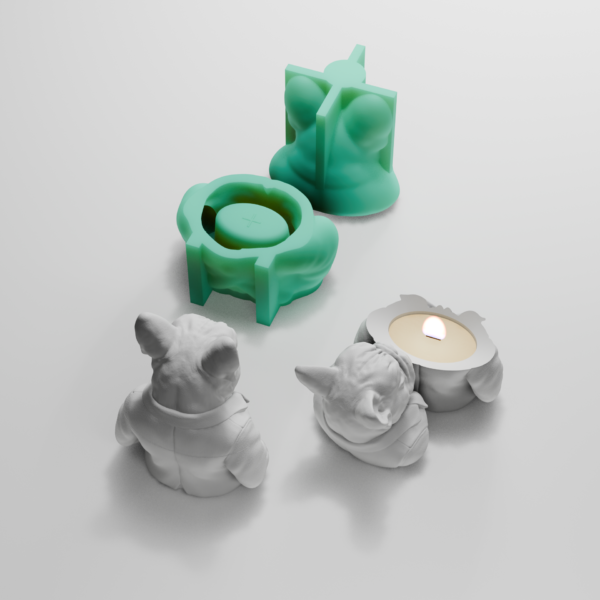 Zielona dwuczęściowa forma silikonowa 3D oraz białe odlewy buldoga francuskiego jako świecznik i dekoracja handmade
