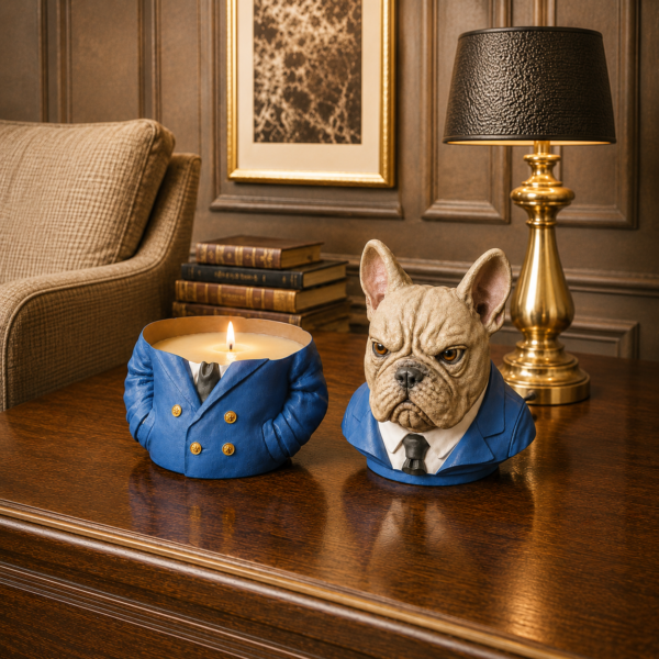 Buldog francuski w garniturze jako świecznik handmade i figurka dekoracyjna wykonana z formy silikonowej 3D