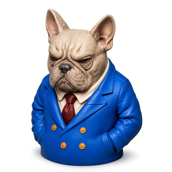 Dwuczęściowy odlew buldog francuski w niebieskim garniturze wykonany z formy silikonowej 3D