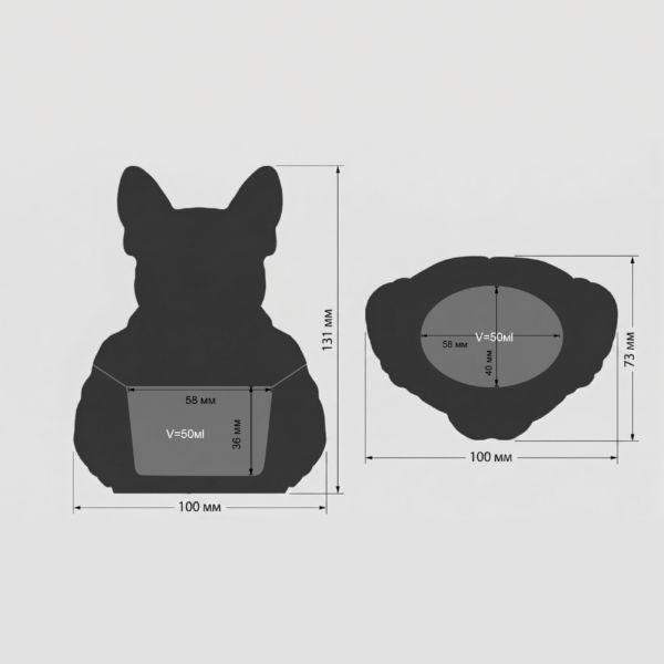 Wymiary odlewu buldog francuski z formy silikonowej 3D wysokość 131 mm szerokość 100 mm i pojemność 50 ml