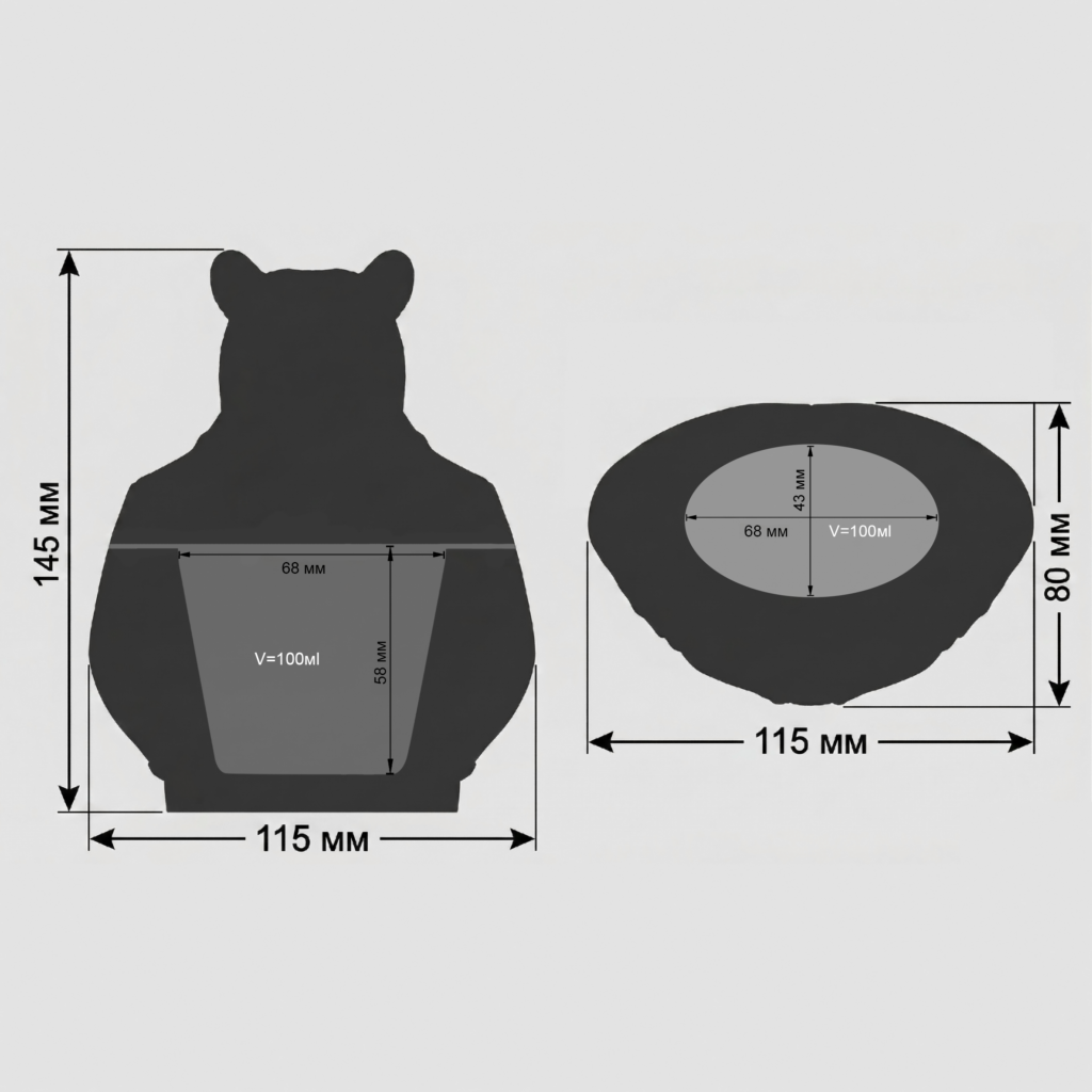 Wymiary odlewki Niedźwiedź Gentleman 145 mm i pojemność 100 ml