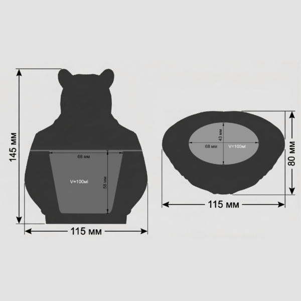 Wymiary odlewki Niedźwiedź Gentleman 145 mm i pojemność 100 ml